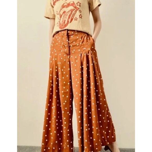 Anthropologie Isobel Polka Dot Pleated Culottes Large Wide Leg Pants Rust Orange - Picture 1 of 16